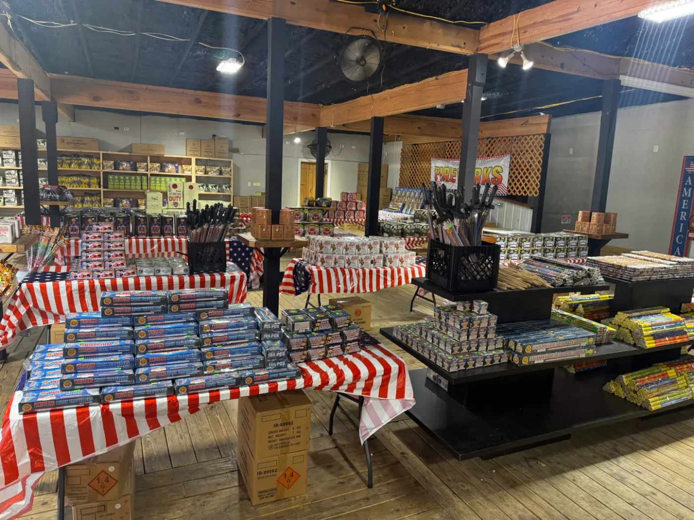 Inside the Boom Shack — tables of fireworks